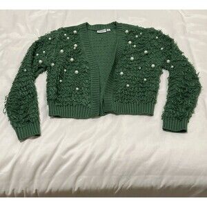 Mighty Fine Women’s Christmas Holiday Pearl Cardigan Sweater Green Size XS